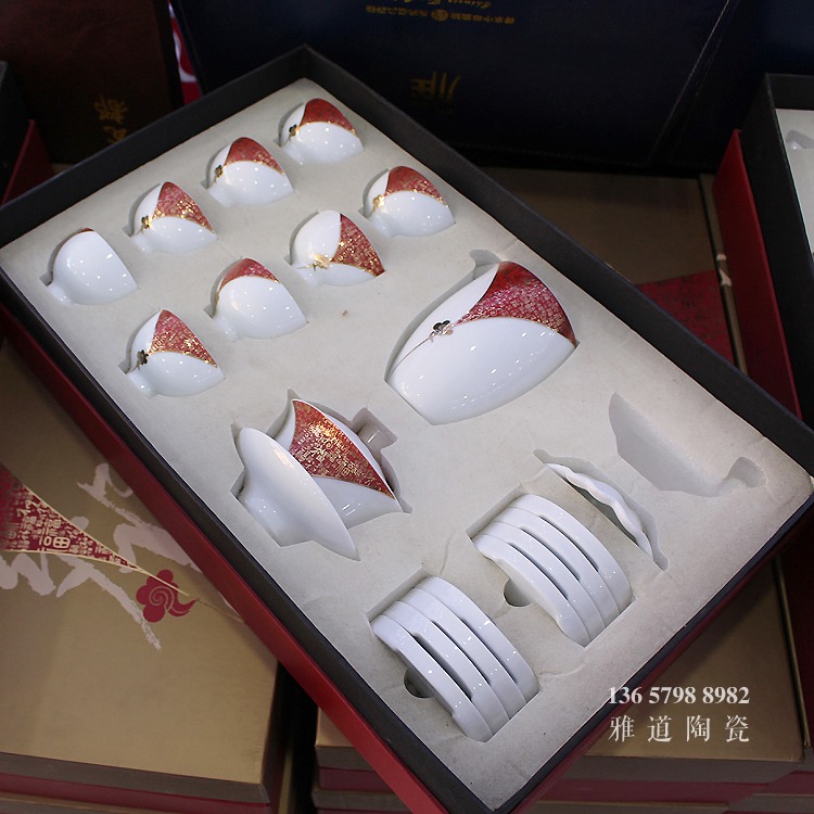 20頭禮品功夫茶具套裝批發多福金-紅色蓋碗款