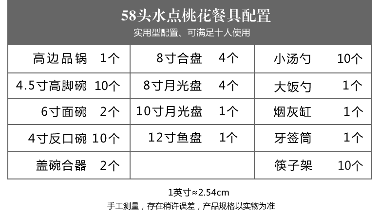 景德鎮58頭精美骨瓷餐具套裝（水點桃花）配置表