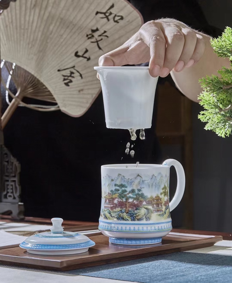 景德鎮陶瓷辦公杯茶水分離帶茶漏（秀麗山河）(圖3)