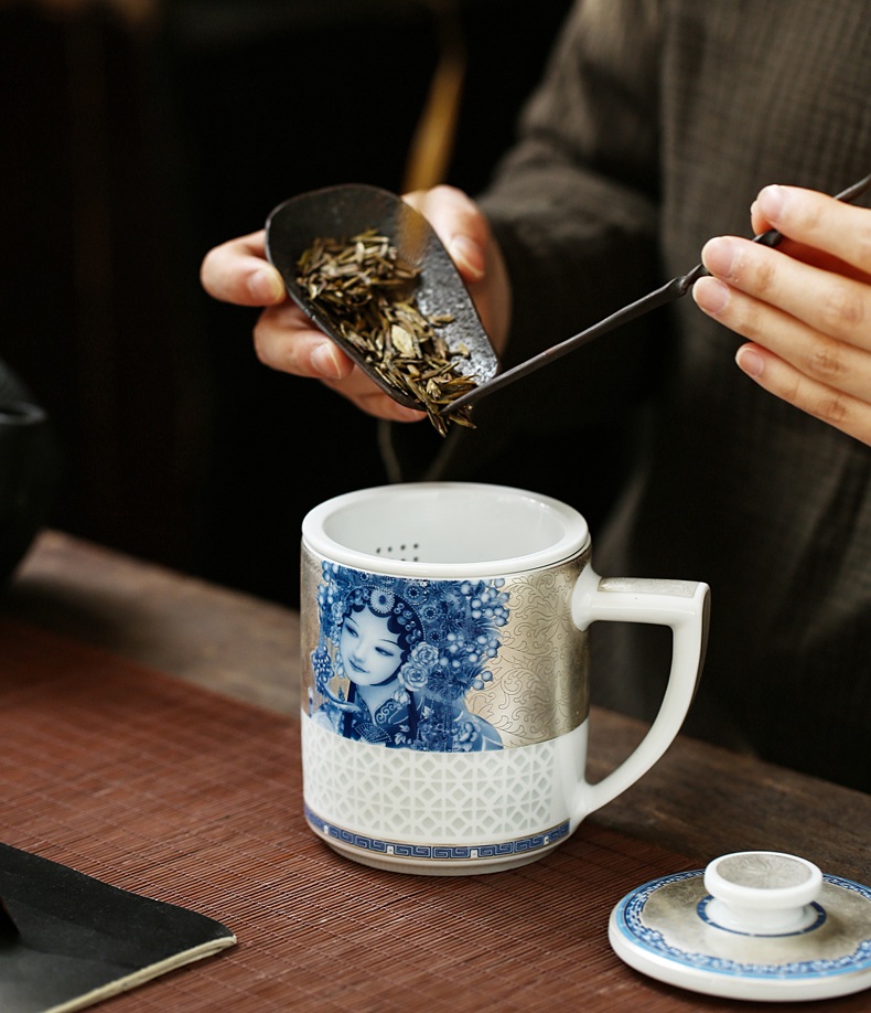 景德鎮陶瓷帶蓋帶過濾本銀扒花泡茶杯