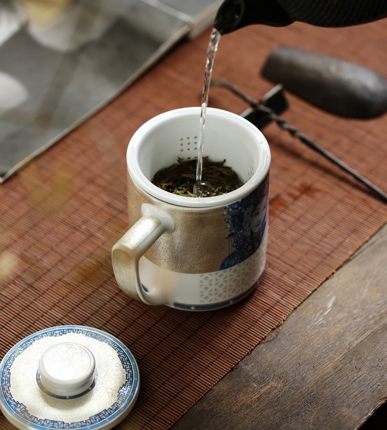 景德鎮陶瓷帶蓋帶過濾本銀扒花泡茶杯