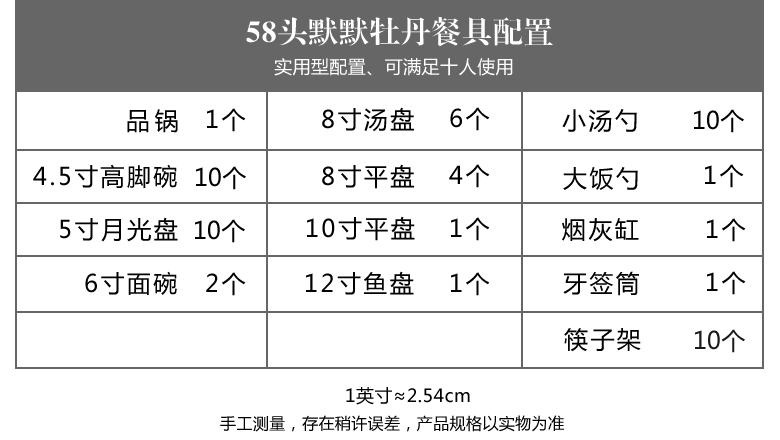 58頭景德鎮精致骨瓷餐具套裝（默默牡丹）配置表